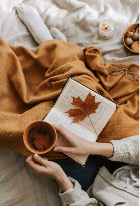Image of a person sitting with a blanket, a warm drink, and a book.
